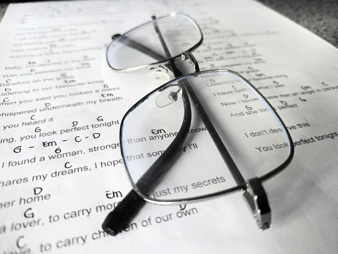 A pair of glasses sitting on top of a piece of paper