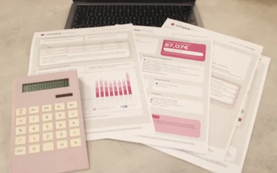 Bills, calculator, and a laptop: financial tasks underway.