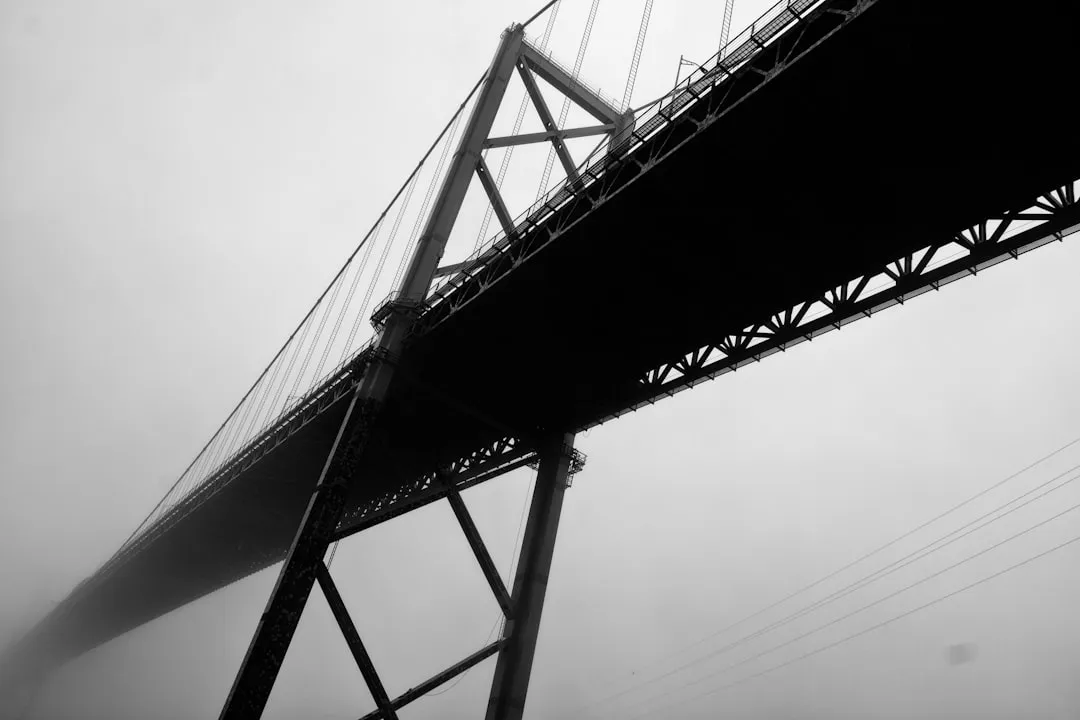 a black and white photo of a bridge on a foggy day